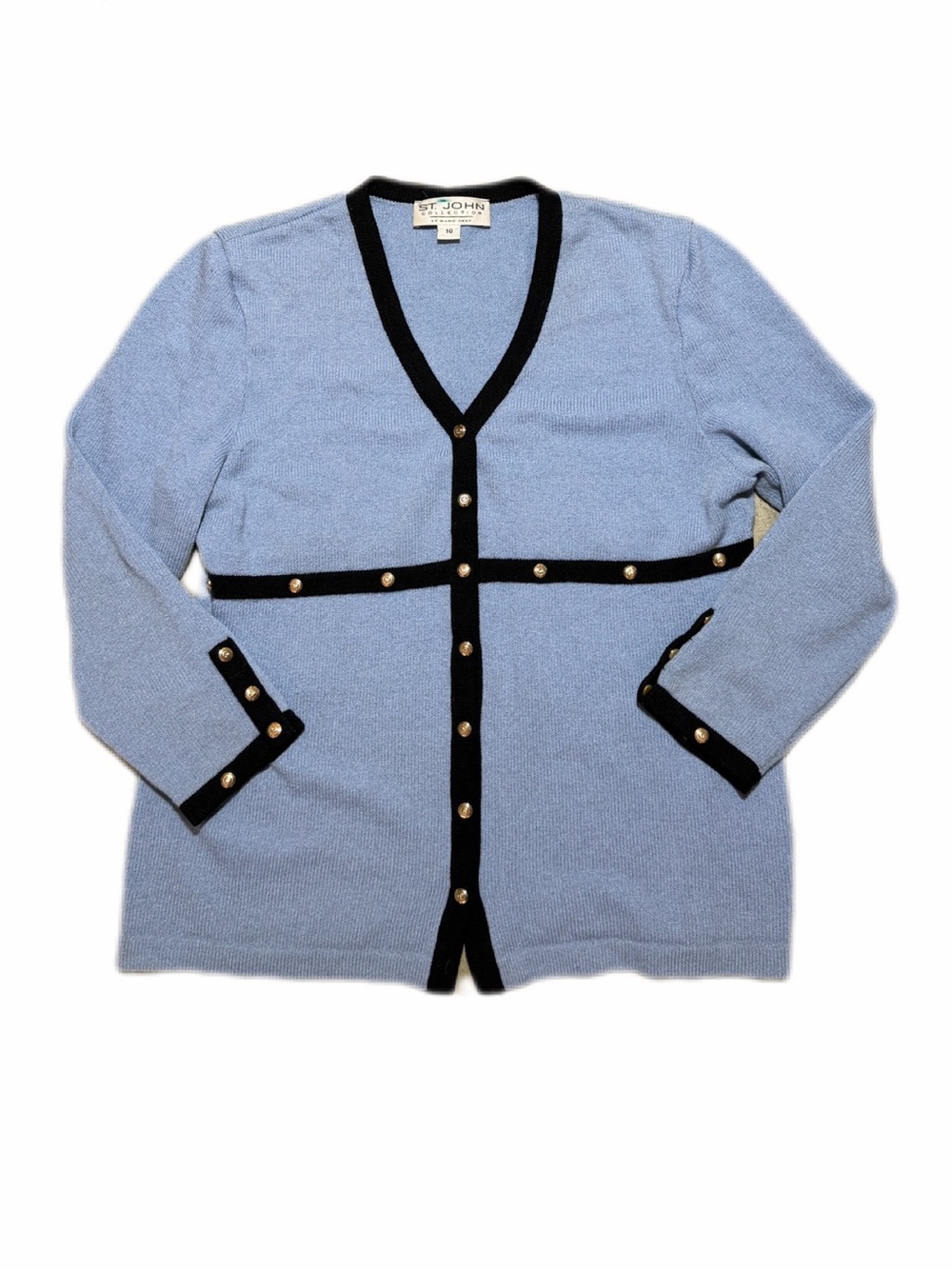 Vtg ST JOHN Collection Blue Black Contrast Trim V-Neck Knit Cardigan Gold 10